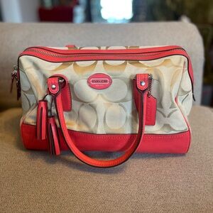 Coach Beige/Coral Signature Canvas Leather Haley Satchel